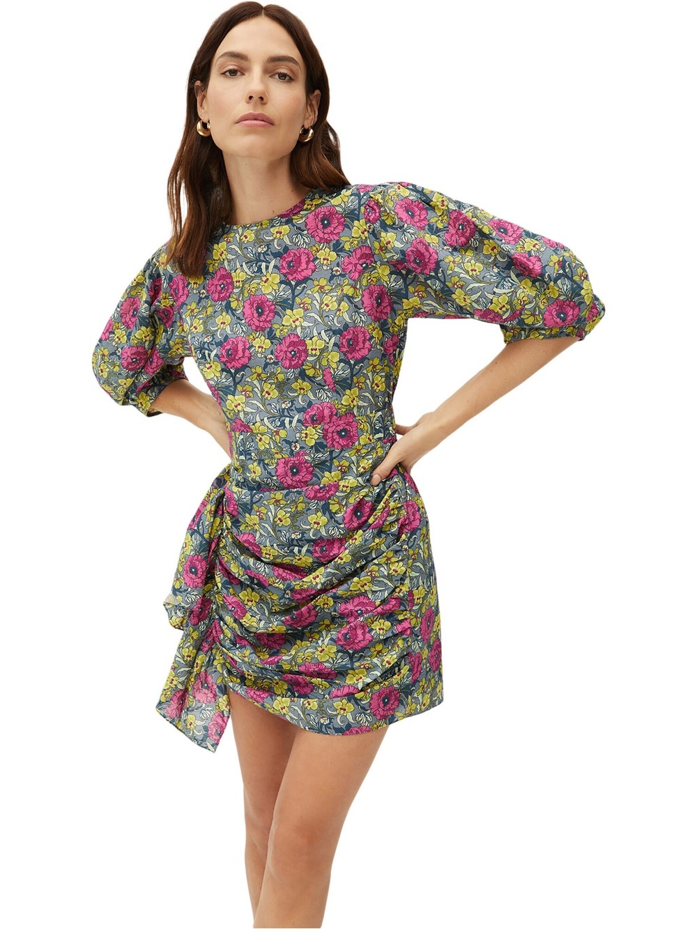 RHODE Floral Puff-Sleeve Mini Dress in Pink, Green & Blue
